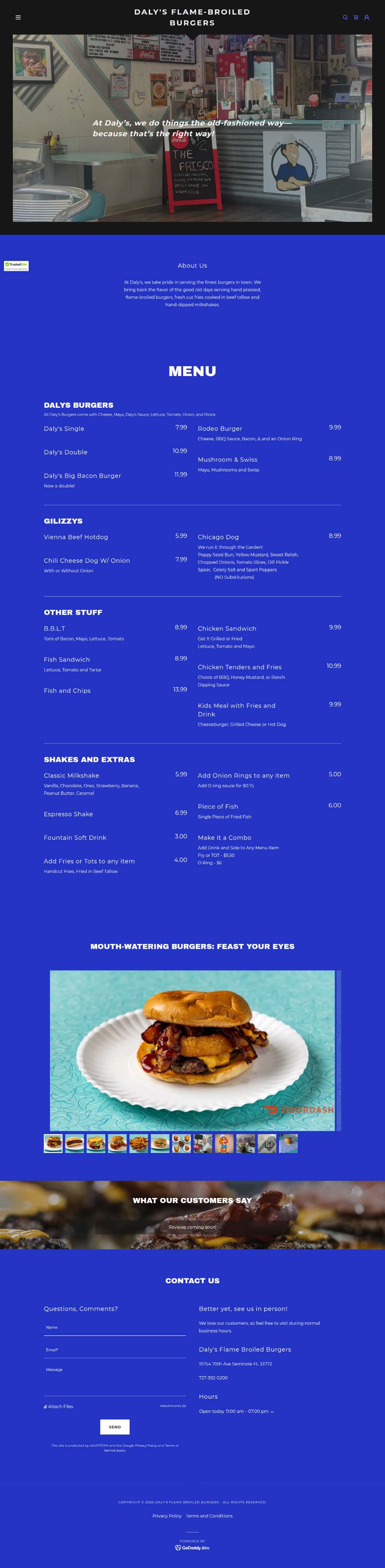 Before: Daly's Flame-Broiled Burgers' old website, full page — a dark generic template with tiny text and a buried menu